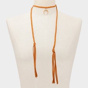 Brown Moon Crystal Leather Tassel Choker Neckace